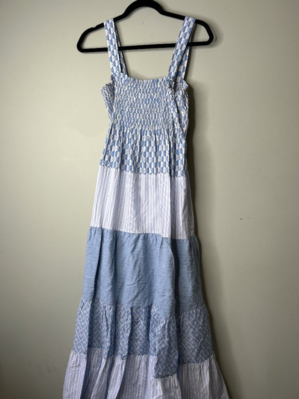 Sandro Tropea Blue Smocked 100% Cotton Tiered Maxi Dress Women's Size FR 42